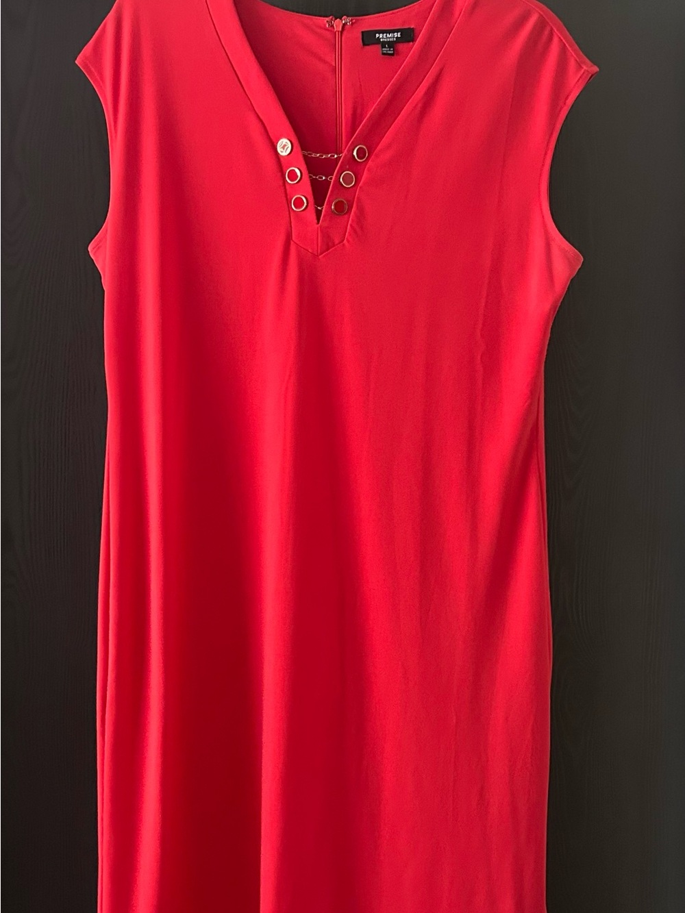 Premise Red Sleeveless V-Neck Dress with Eyelet Chain Detail